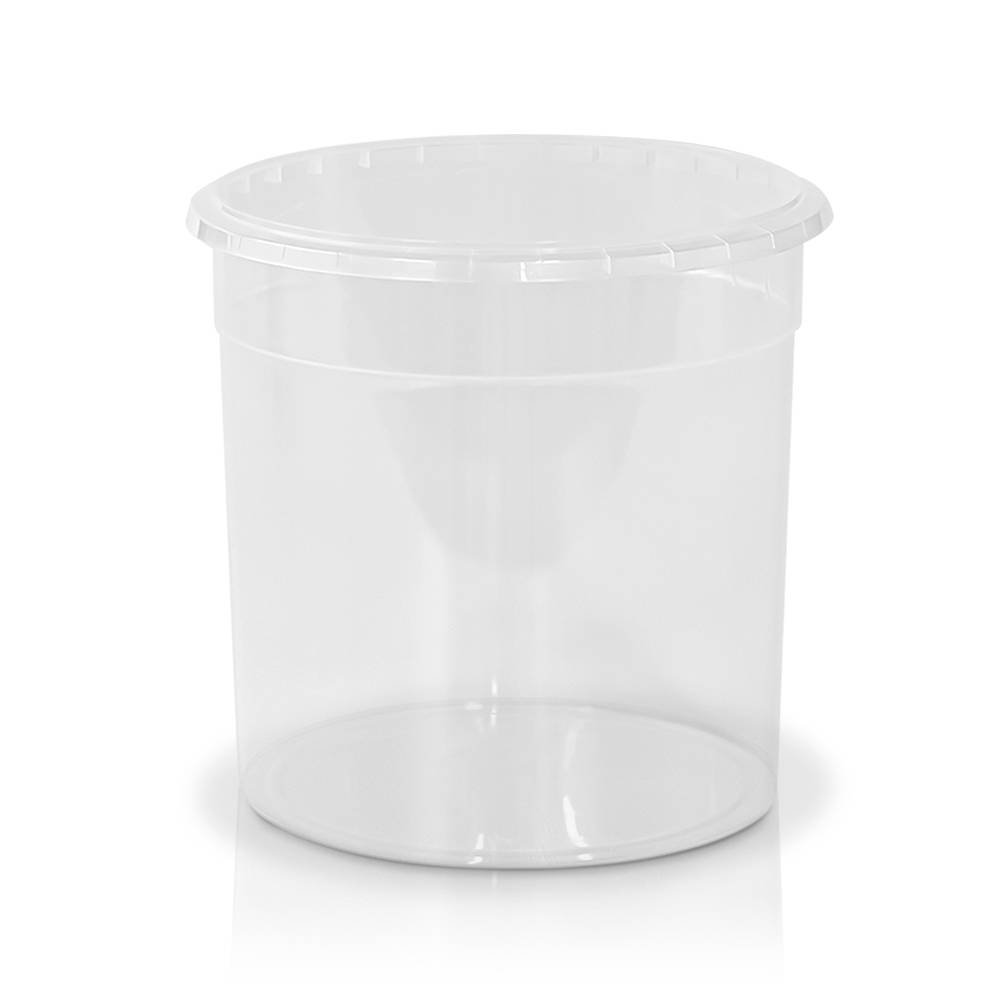An 86 oz. Food-Grade Flex-Off Round Plastic Container (T61086FXCP) with matching lid, shown empty on a white background. Sold by the case of 130.