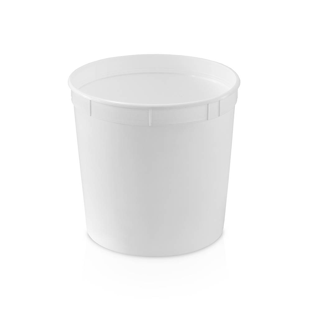 A 1.25-gallon BPA-free food-grade plastic container (T801163) with a flat lid, round and white, shown against a white background. Case of 100.