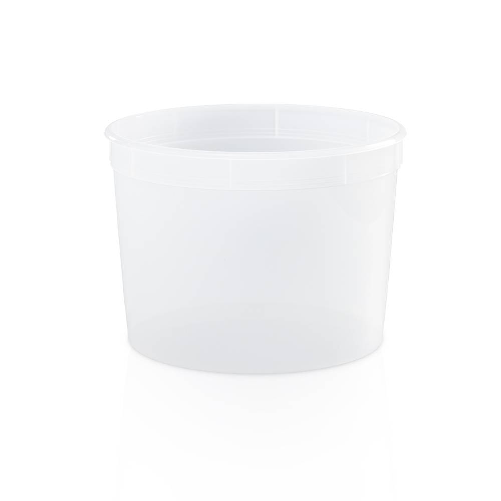 A 1.1 Gallon (134 oz.) BPA-Free food-grade round plastic container (T801134), without lid, shown against a white background. Case of 100.