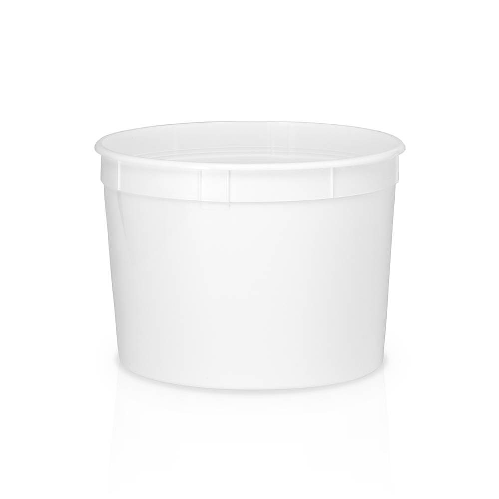 A plain, round, white 1.1 Gallon (134 oz.) BPA-Free Food-Grade Container (T801134) with a wide opening and small top lip, shown against a white background. No markings or labels. Sold as a case of 100.