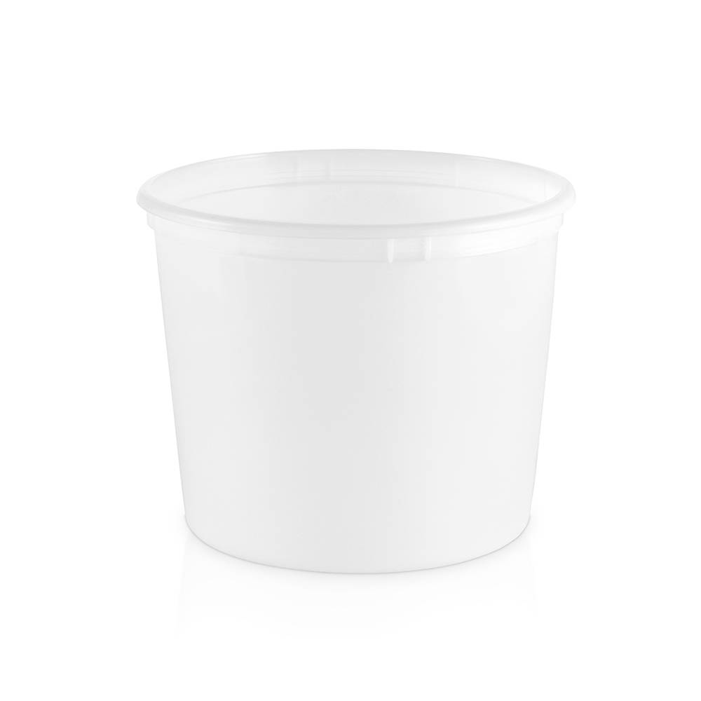 A plain, round, white 1.3 gallon (166 oz.) BPA-free food-grade container (T811166), unlabeled and empty, is shown against a white background. Sold in a case of 120.