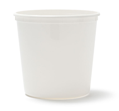 A 1.5 Gallon BPA-Free Food-Grade Container (T811190), empty and white with a smooth surface and slightly flared rim, is shown upright; sold as a case of 100.