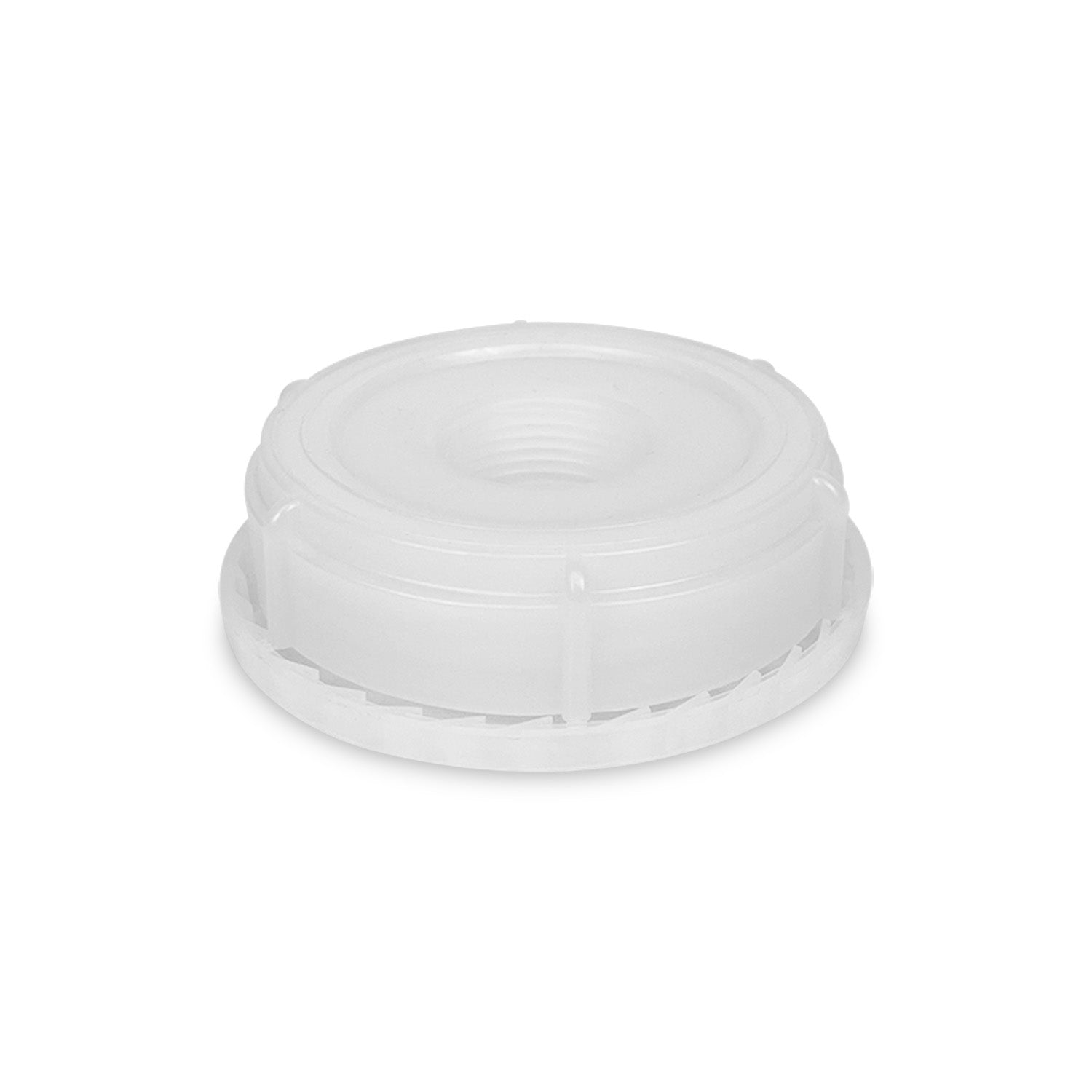 The Natural 70 mm Cap for 5 Gallon Tight Head is a white, round, threaded plastic cap with a slightly raised center, designed to screw onto containers or bottles. Comes as 1 count and is shown on a plain white background.