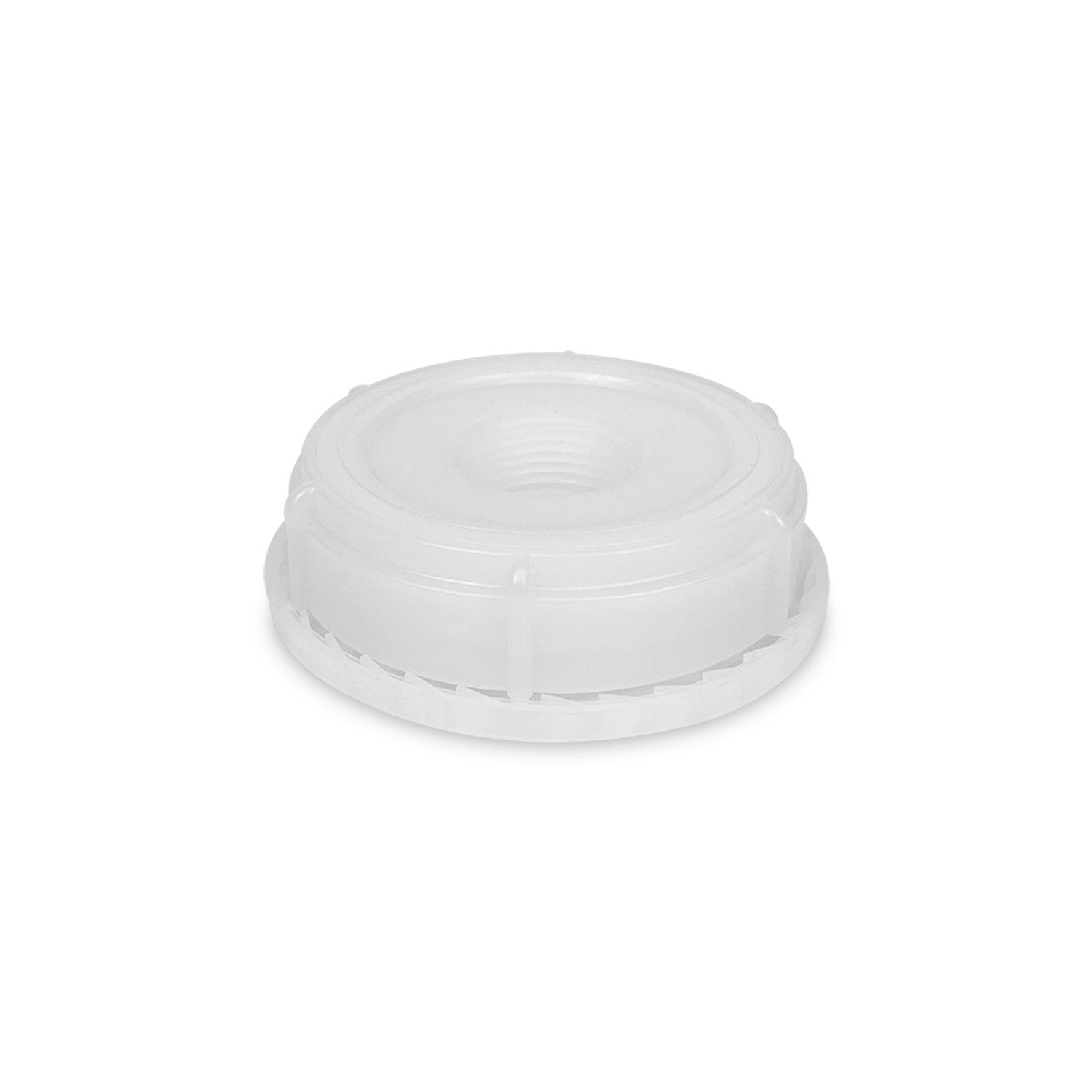 A Natural 63 mm Cap for 2.5 Gallon Tight Head, featuring a translucent, round plastic design with a threaded center opening, is shown from an angle on a white background.