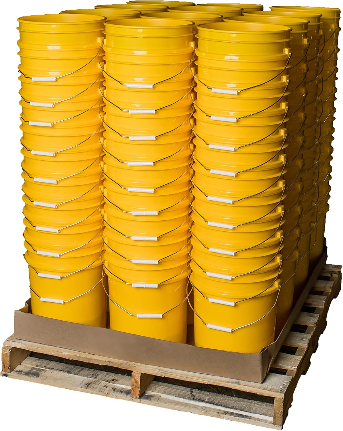 A pallet of 120 bright yellow 5 Gallon 90 Mil BPA-Free Food-Grade Buckets (T40MW) with metal handles arranged in neat columns.